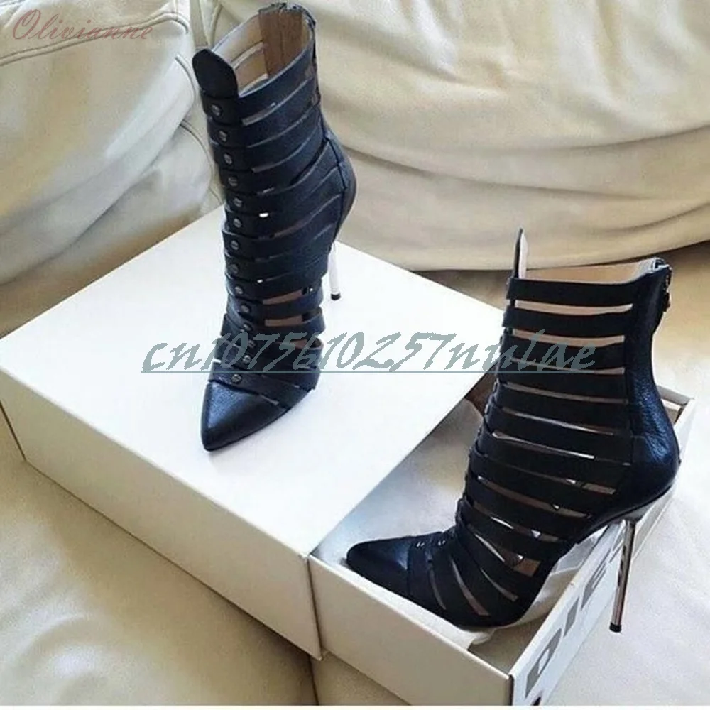 

Front Rivets Belts Strap Hollow Sandals Pointy Back Zipper Sexy Stiletto High Heel Party Hot Girls 2025 Women Shoes Para Mujere