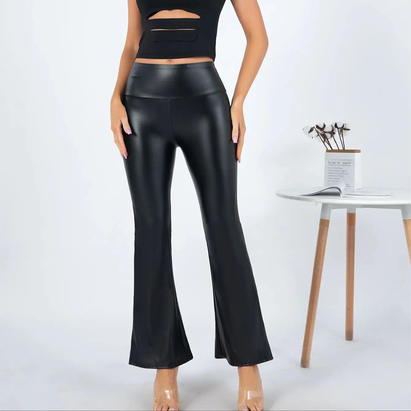 Nowa moda w Europie i Stanach Zjednoczonych Slim-fit Elastic Leather Flared Pants Women High Waist Belly Black Tight Pants Woman