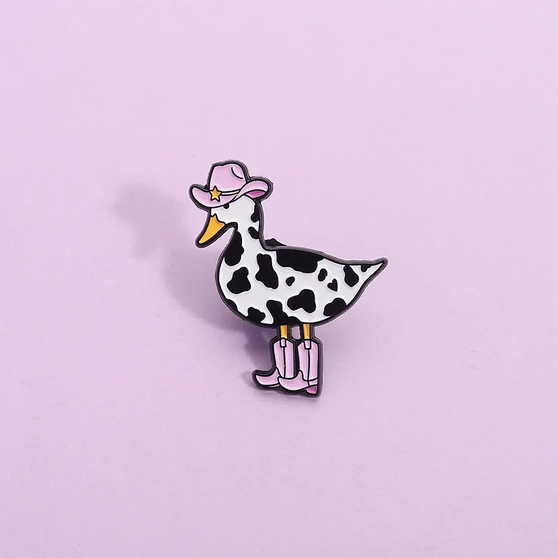 Custom Black White Spotted cow Color Enamel Pins Cowboy Duck Brooches Lapel Badges Clothes Animal Jewelry Gift for Kids Friends
