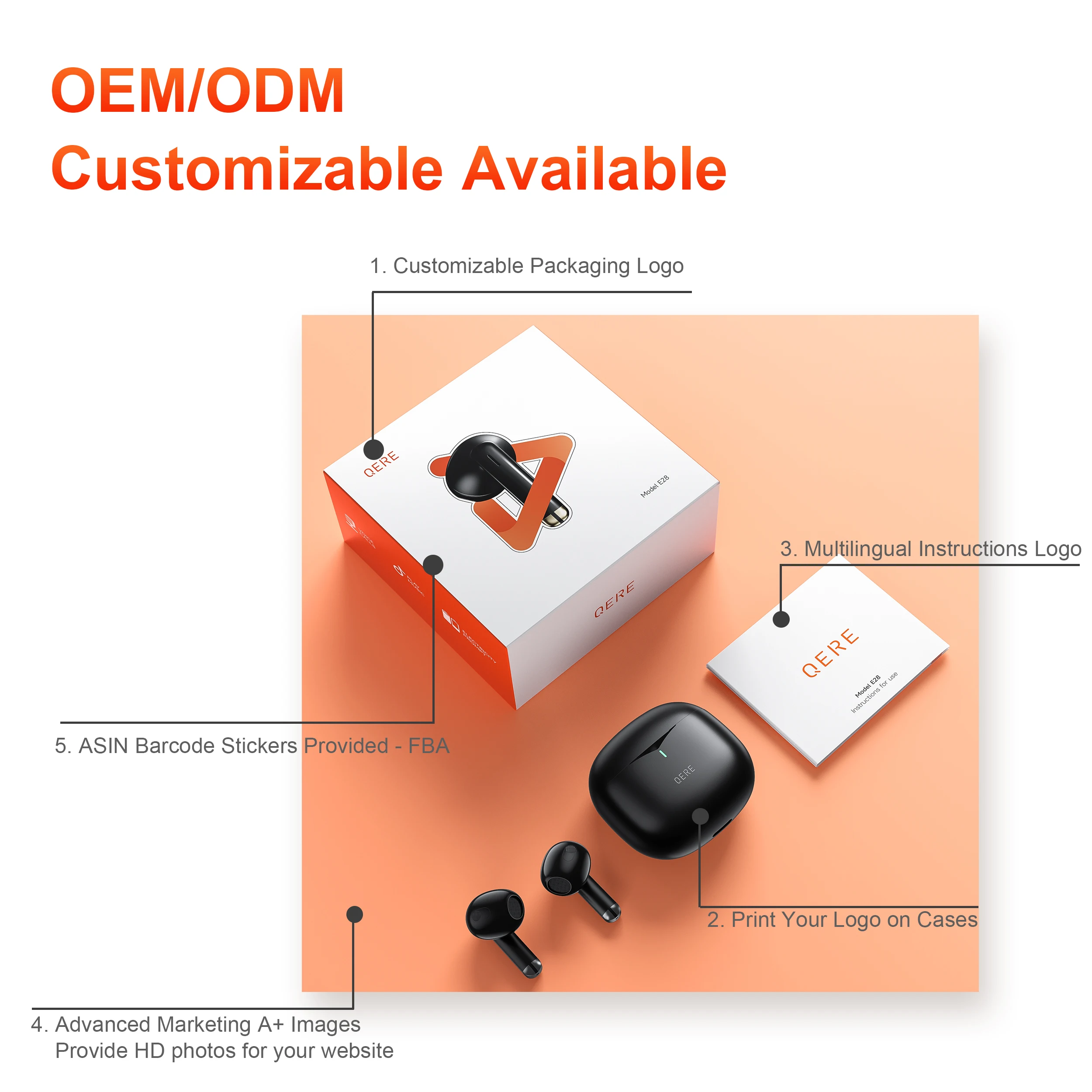 QERE Wireless Headphone TWS Earphone noise reduction dual microphones ENC Bluetooth 5.3 waterproof HI-FI sound bass touch contro