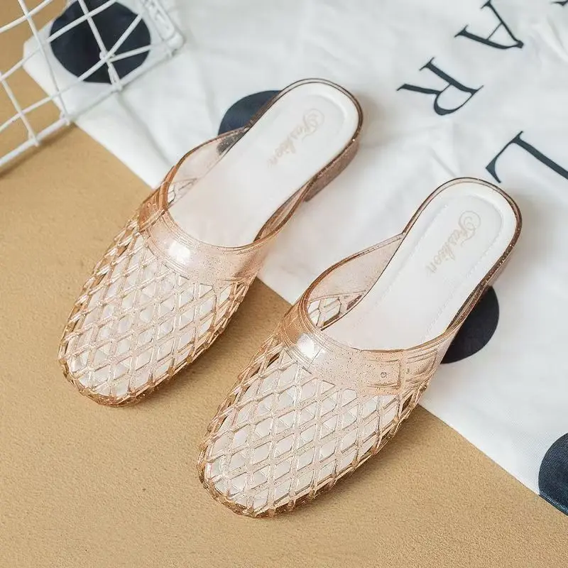 

Women Baotou Hollow Out Flat Sole Crystal Slippers Summer New Soft sole Non Slip Breathable Home Slippers Outdoor Half Slippers