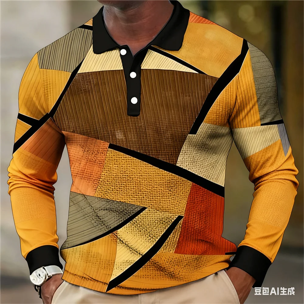 

Men's Color Block Pattern Long Sleeve Polo Shirts Fashion Outdoor Street Casual Business Pullover Loose Button Lapel Man Clothes