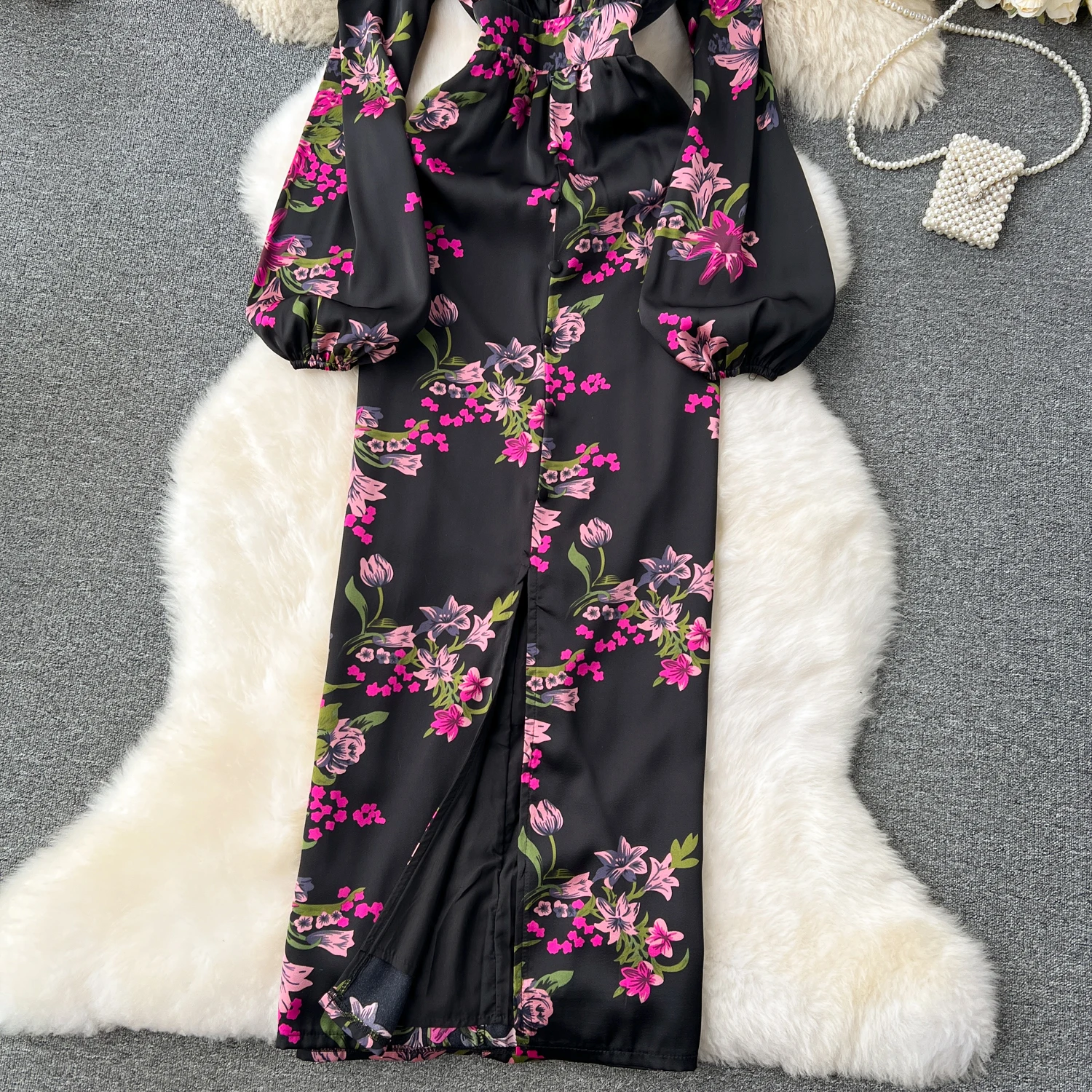 Robe plissée à manches lanterne pour femmes, col en V, imprimé doux, robes trapèze minces, mode sexy, chic et élégante