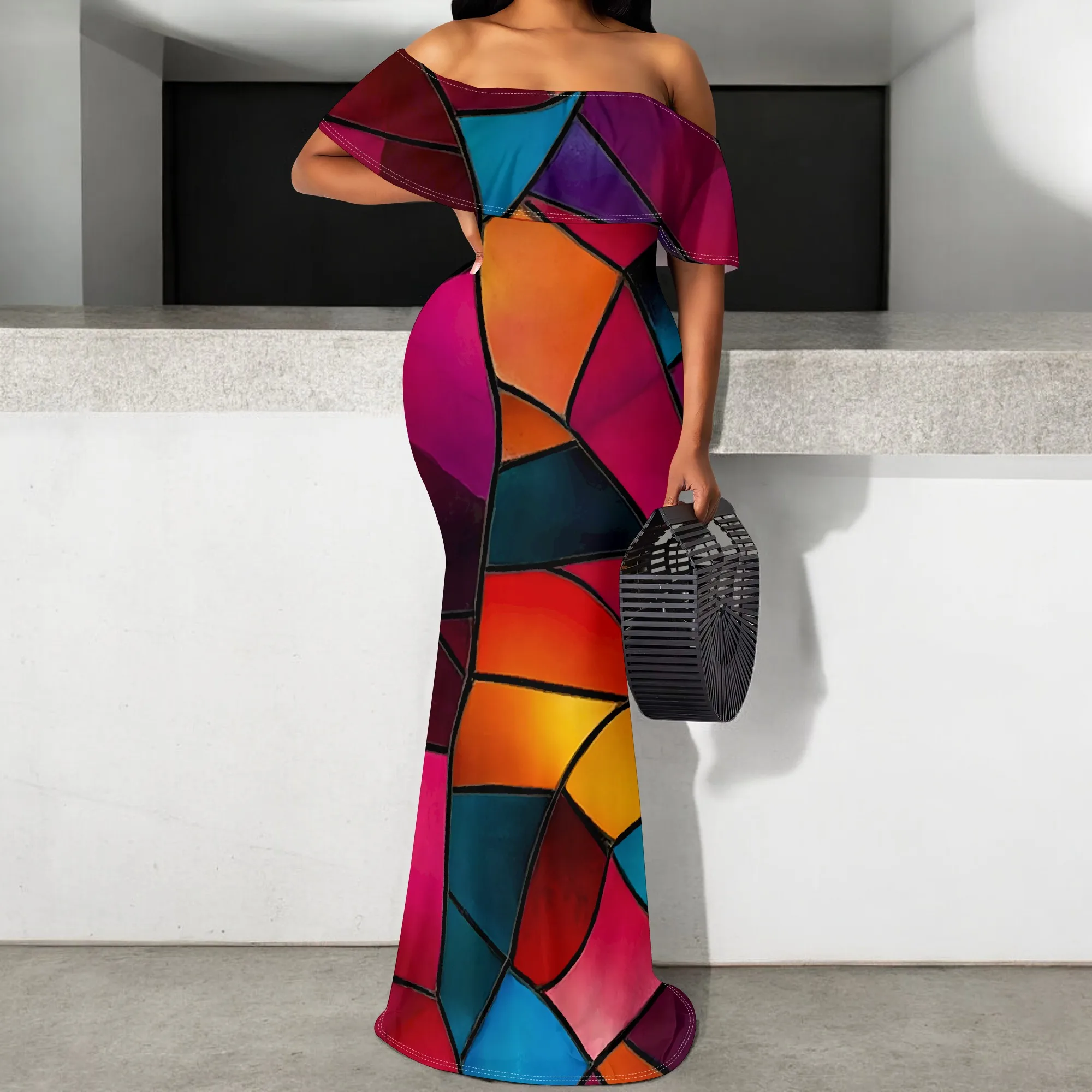 

Colorful Stained Glass Print Maxi Dress S‑3XL One Shoulder Mermaid Style for Art Show, Summer Vacation or Evening Party Look