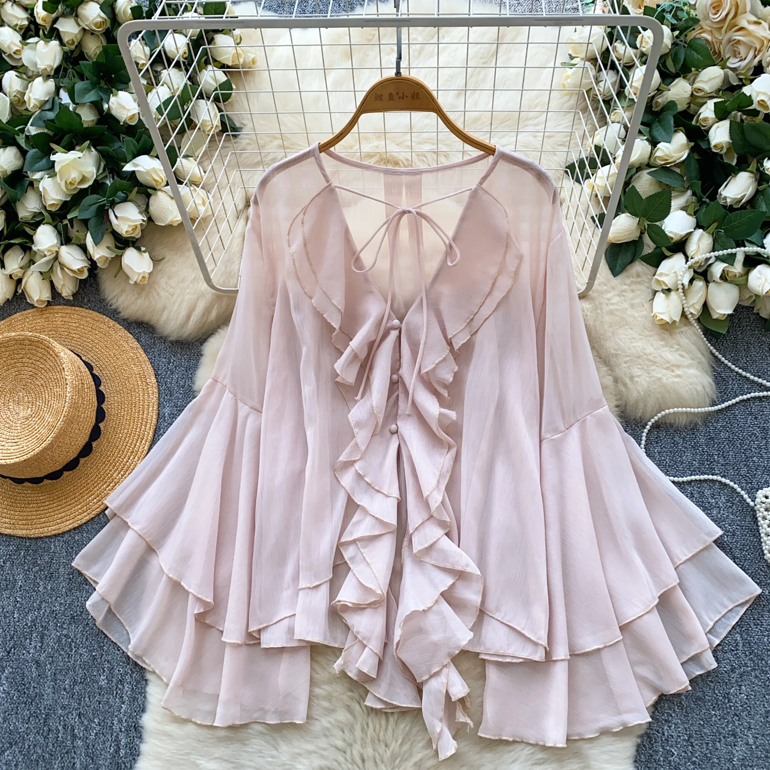 

Элегантный сексуальный шифоновый топ с длинными рукавами и рюшами, женский корейский модный милый осенний уличный топ