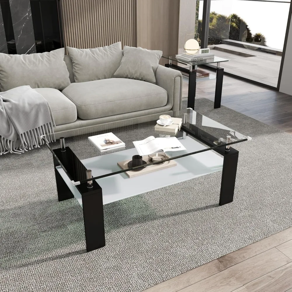 

Rectangle Black Glass Coffee Table,2-Tier Tempered Glass Modern Tea Table with Metal Support,Side End Table with Open Storage Sh