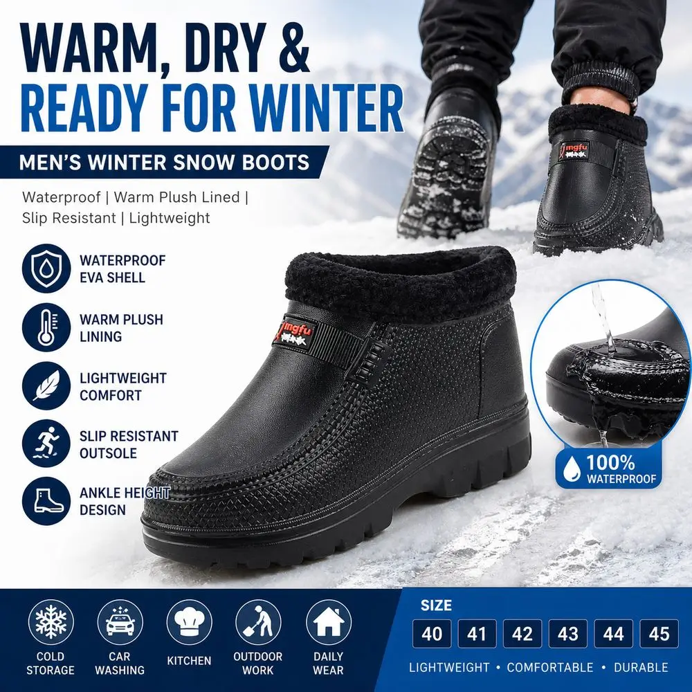 New Waterproof Winter Snow Boots Lined EVA Men's Winter Boots Ankle Height Slip Resistant Cotton Shoes Outdoor Work