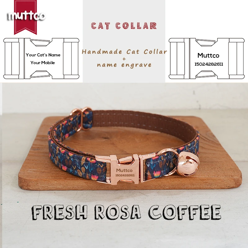 MUTTCO Retail Engraved Beautiful Flower Pattern Design Handmade FRESH ROSA COFFEE  collar Unique Design Cat collar 2 size UCC184