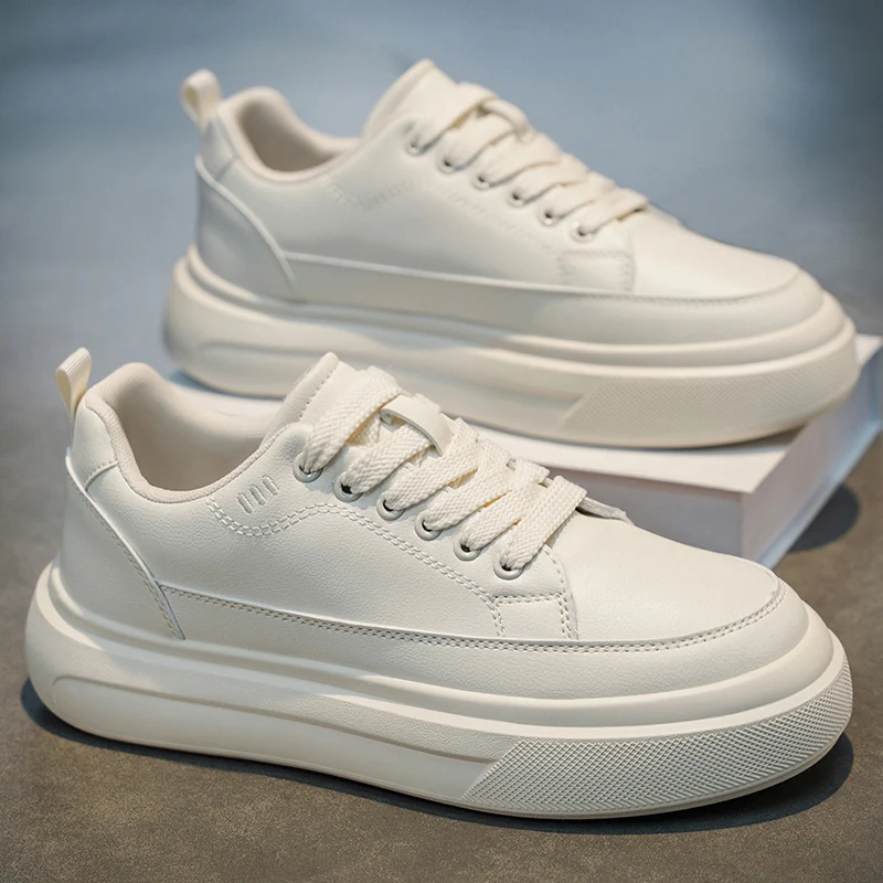 

Men's Casual Sport Shoes Leather Surface Thick Bottom Heightening White Sneakers Spring New Style Fashionable All-Match Loafers
