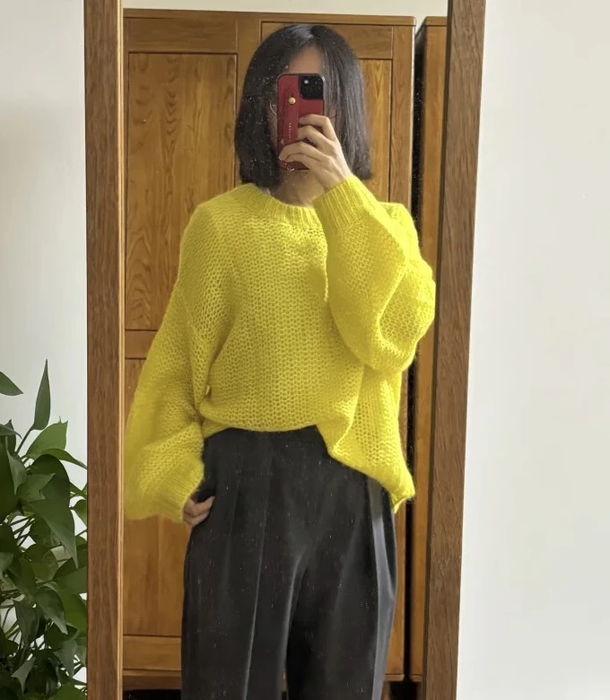 

Женский свитер оверсайз из шерсти альпаки, ярко-желтый, свободный, вязаный, большого размера, повседневный, мягкий, с длинными рукавами, круглый вырез горловины