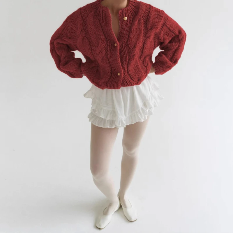 

Autumn and Winter Knitted Long-sleeved Twist Solid Color Loose Sweater Single-breasted Cardigan Coat for Women