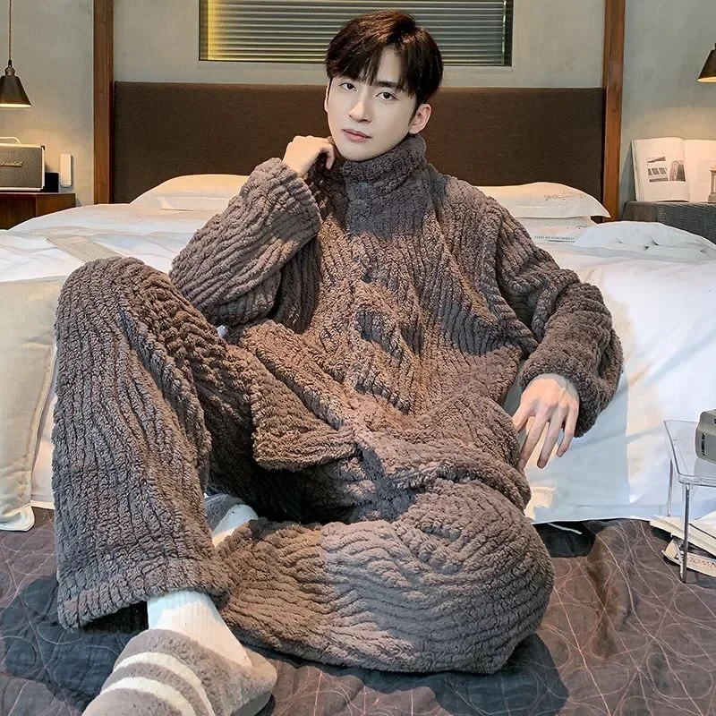 Men's Sleepwear Autumn and Winter Coralline Thickened Homewear Winter Men's Flannel Cardigan Turtleneck Warm Suit Pajama Sets