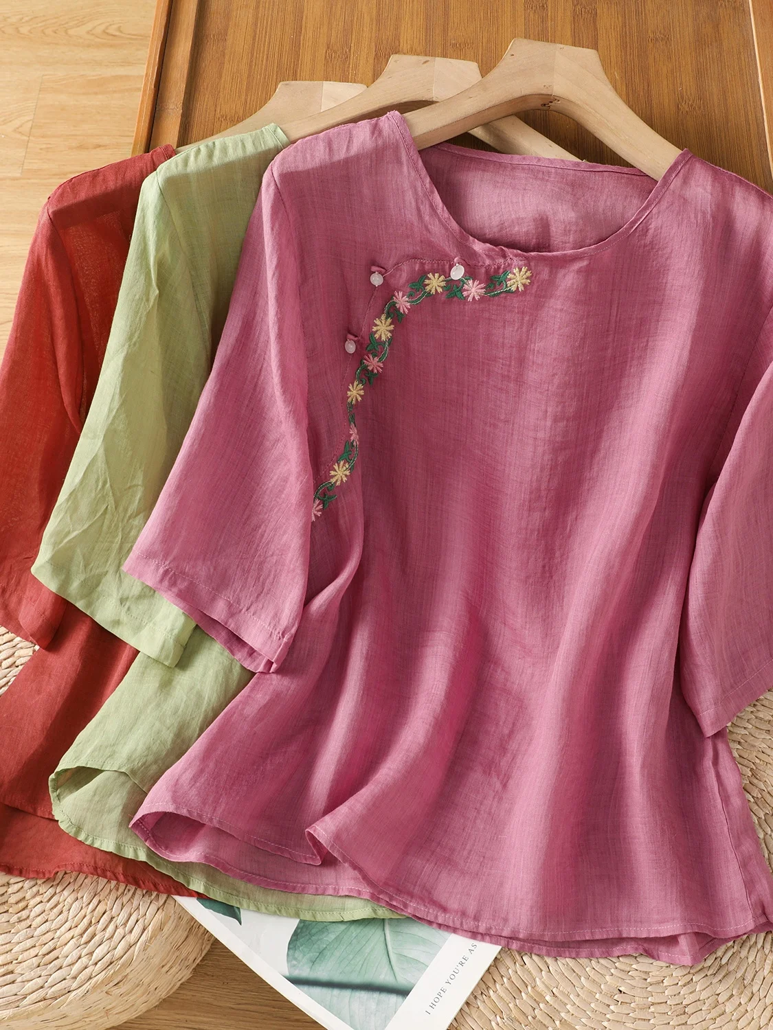 

Тонкий круглый повседневный свободный топ в стиле ретро с вышивкой Ne, женский удобный дышащий летний топ irt Five-Quarter Sve