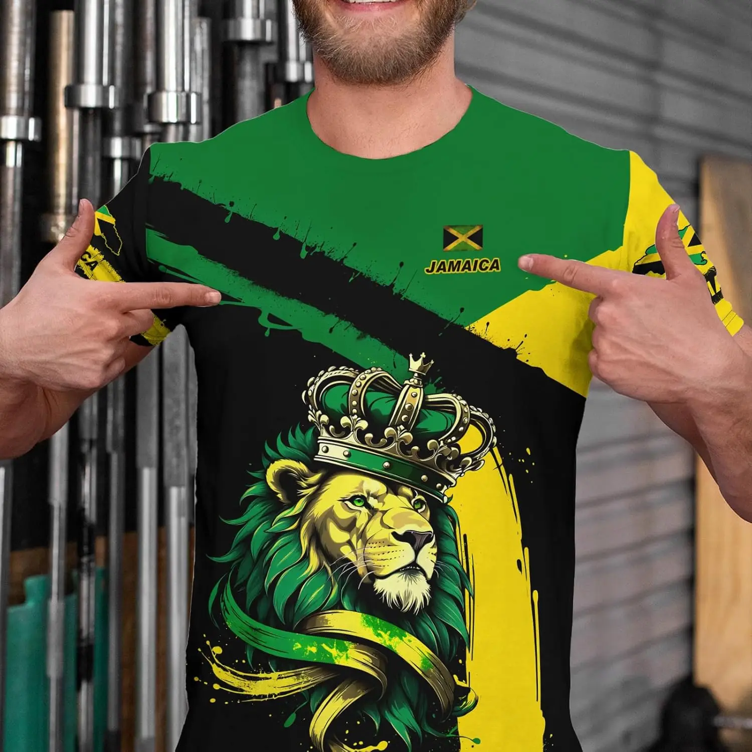 تي شيرت BJU بعلم جامايكا تي شيرت أسد مطبوع برقبة دائرية وأكمام قصيرة كاجوال رياضي للجنسين