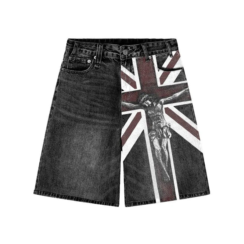 Hiphop Trend Retro Rits Print Denim Shorts Heren Y 2K Zomer Nieuwe Jeans Punk Harajuku Losse Casual Paar Trainingspak Broek