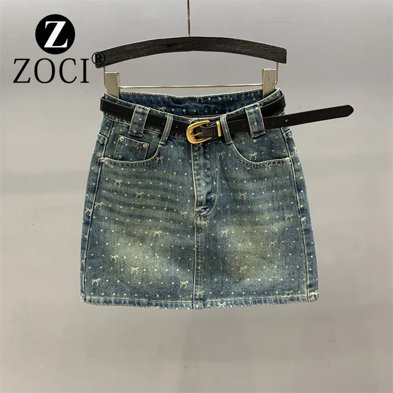 [ZOCI] Summer New Fashionable Polka Dot Bow Pattern Denim Slim Fit One-step Hip Hugging Skirt, Short Skirt