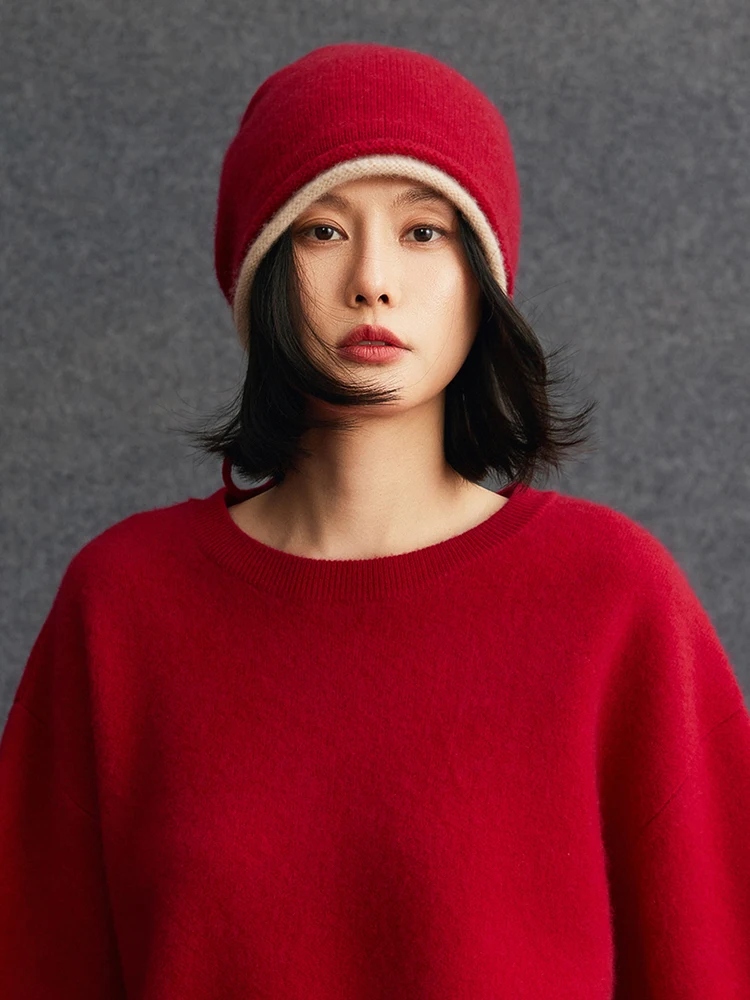 TLOML 新しいレディース100%カシミヤ製ダブルエッジデザインカールエッジハット、帽子を暖かく保つ秋冬用ソフト厚手カシミヤニット帽