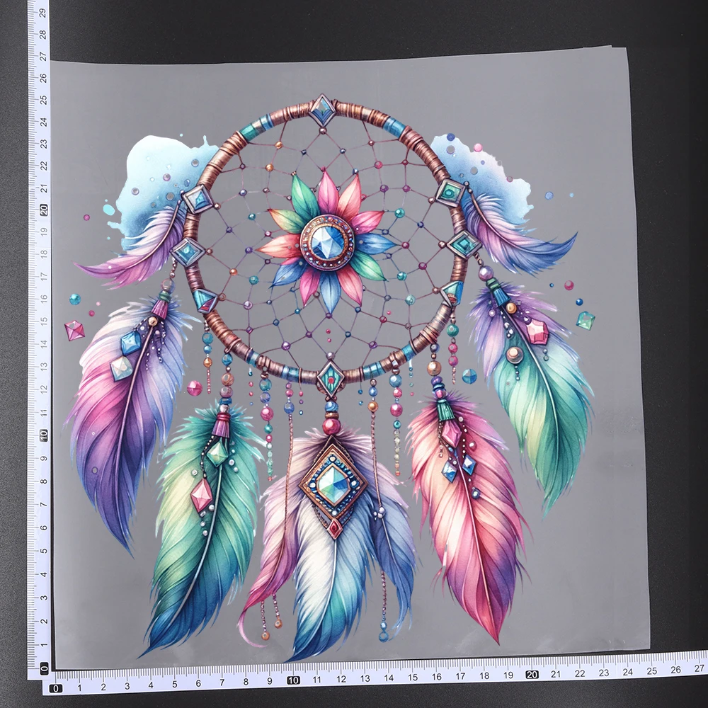 25cm Vivid Dream Feather Catcher Charms Iron On Heat Transfer Sticker DTF Iron On Transfer Patches For Clothes T-shirt Appliques