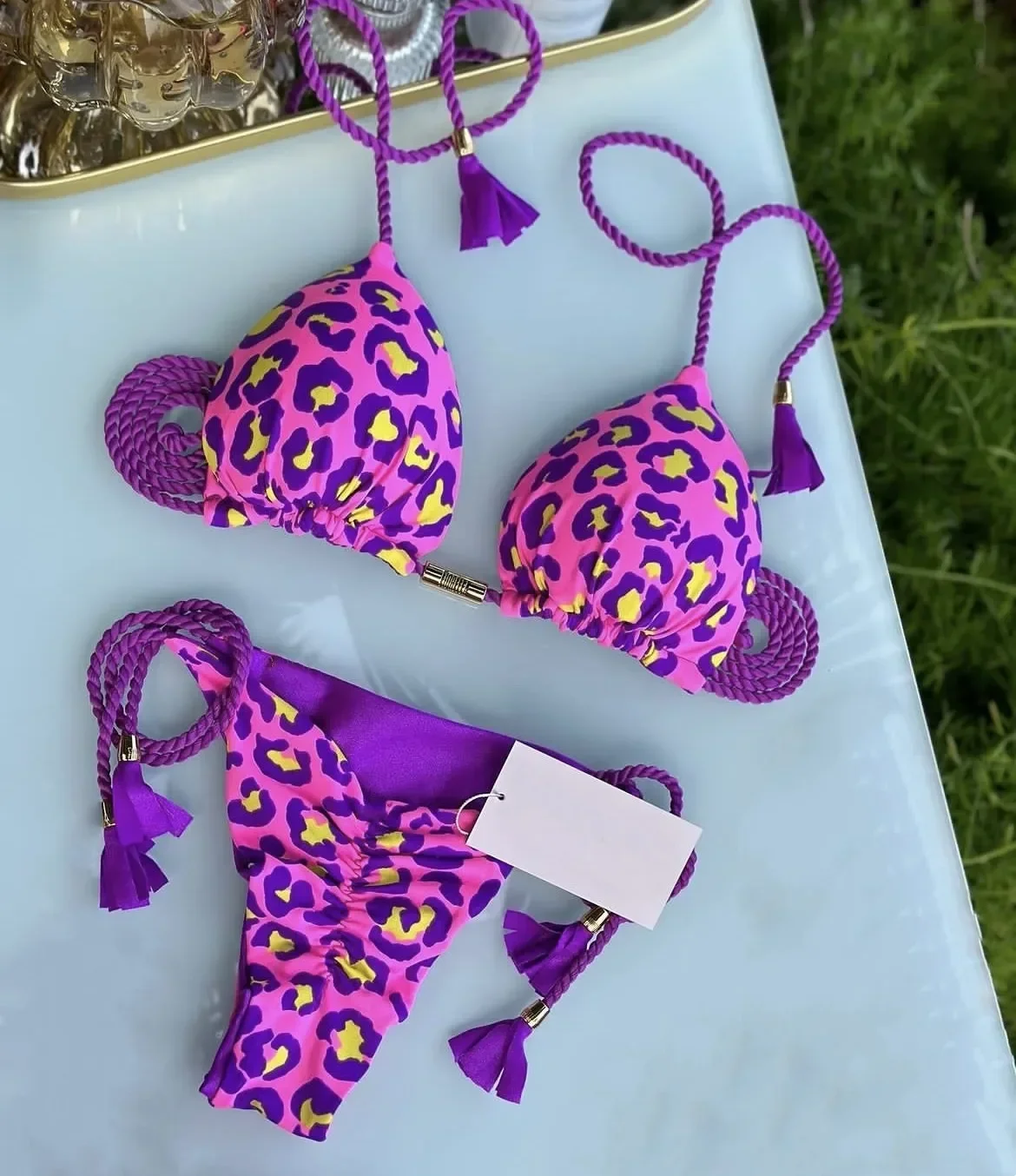 جديد وصول بيكيني حبل مطبوعة مثير عارية الذراعين سبليت ملابس السباحة النايلون تقسم اللون بيكيني