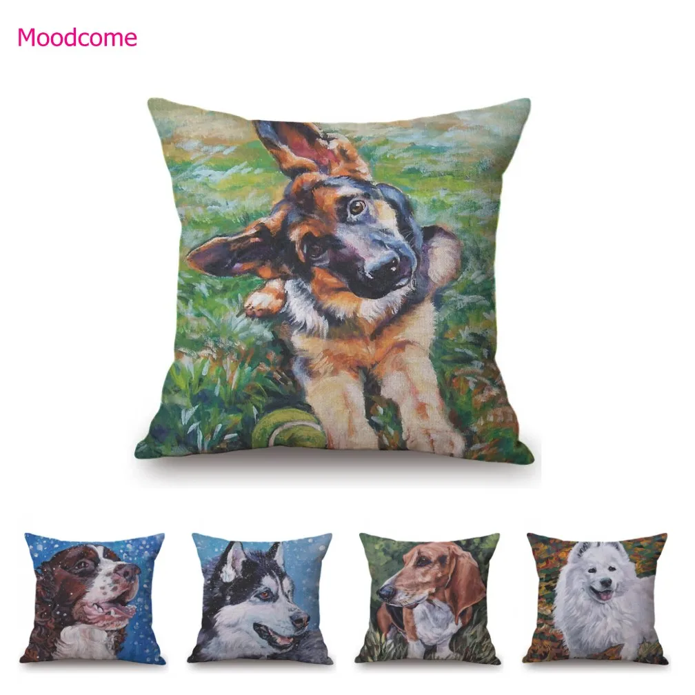 Bernese Husky German Shepherd Collie Golden Lovely Cute Dog Oil Painting Art Sofa Decoration Pillow Case Linen Cushion Cover