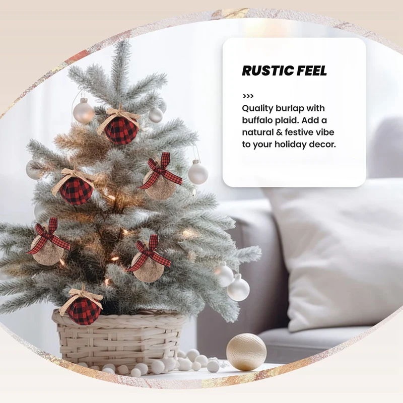 زخرفة شجرة عيد الميلاد، 12 قطعة 2-1/2 بوصة أحمر أسود تحقق خياطة الخيش زينة عيد الميلاد