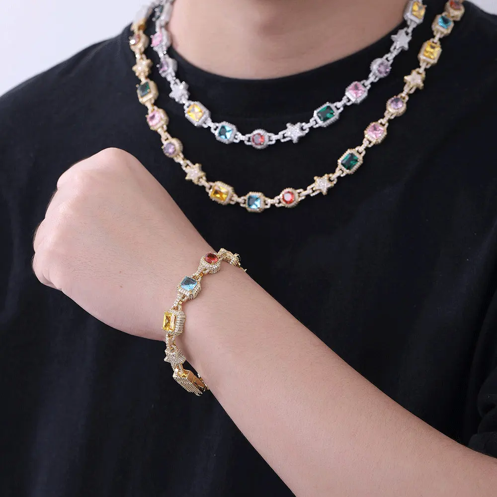 Men Hip Hop Necklace Geometric Star Chain Copper Zircon Multi Color Gemstone Luxury Streetwear Jewelry 2026 Fashion Accessories