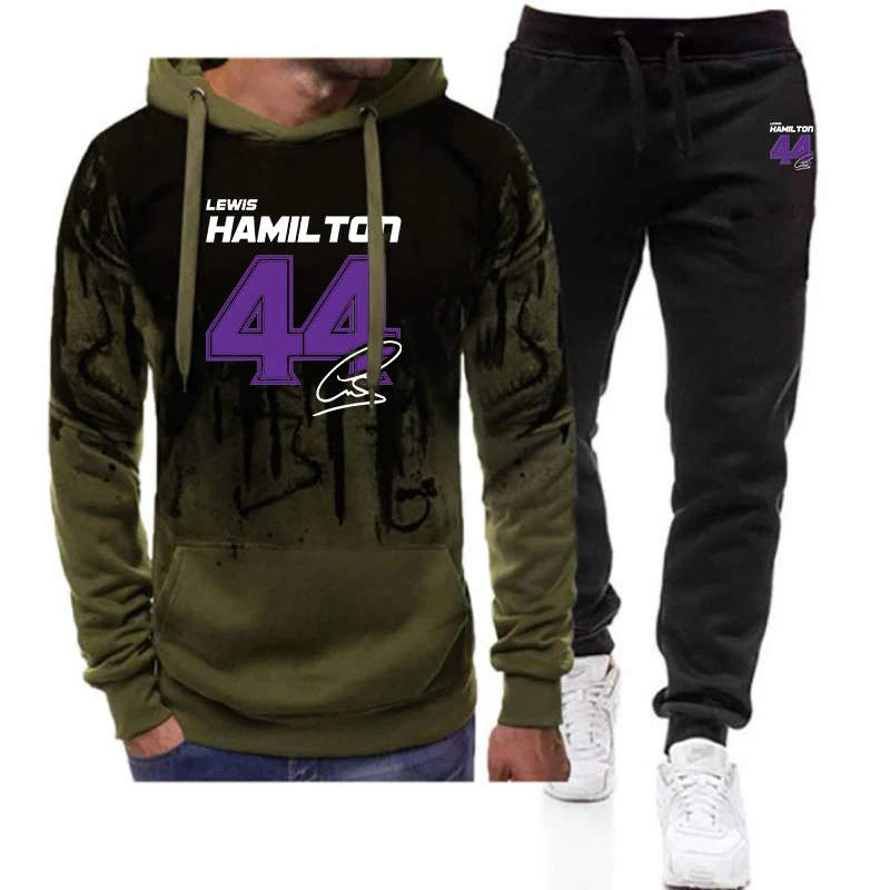 Lewis Hamilton Digital 44 Printing 2025 Spring Autumn Men's New Gradient Color Hooded + Pants Two Piece Casual Suit