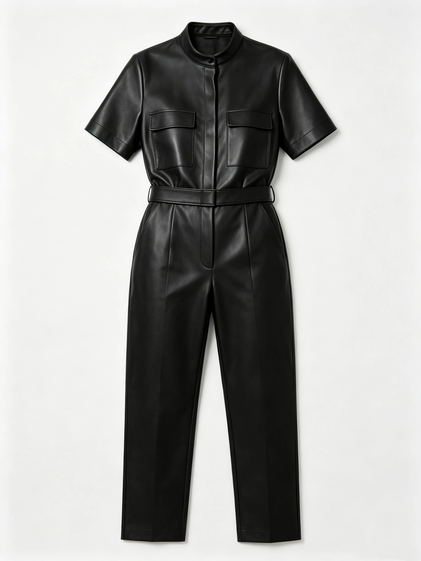 Women's Premium Faux Leather Jumpsuit with Short Sleeves and Belt