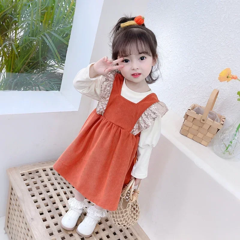 1-5Years Girls Princess Set 2025 Spring Puff Sleeve Bottoming Shirt+Sequins Bow Strap Dress Sets Cute Kids 2Pcs Clothes Suits