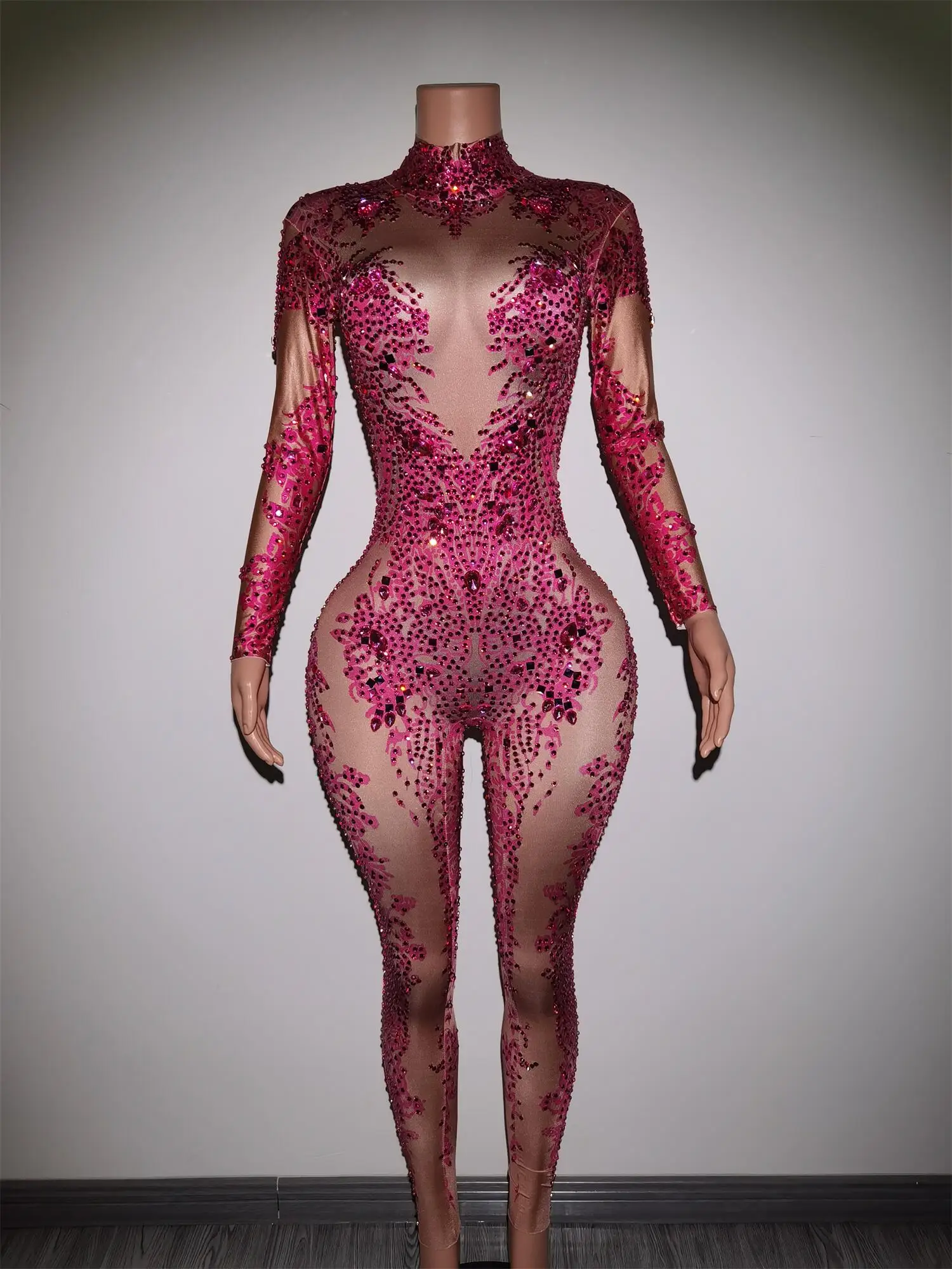 Brilhante Strass Imprimir Macacão Mulheres Sexy Performance Bodysuit Feminino Macacão Desgaste do Palco Dance Wear Boate Outfits Putao