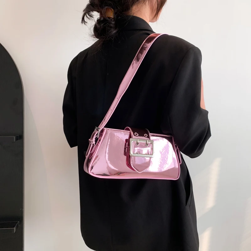 Y2K Gold Shouder Bag for Women Silver Underarm Handbag Small Lipstick Purse PU Leather Luxury Brand Solid Color Female Pink 2023