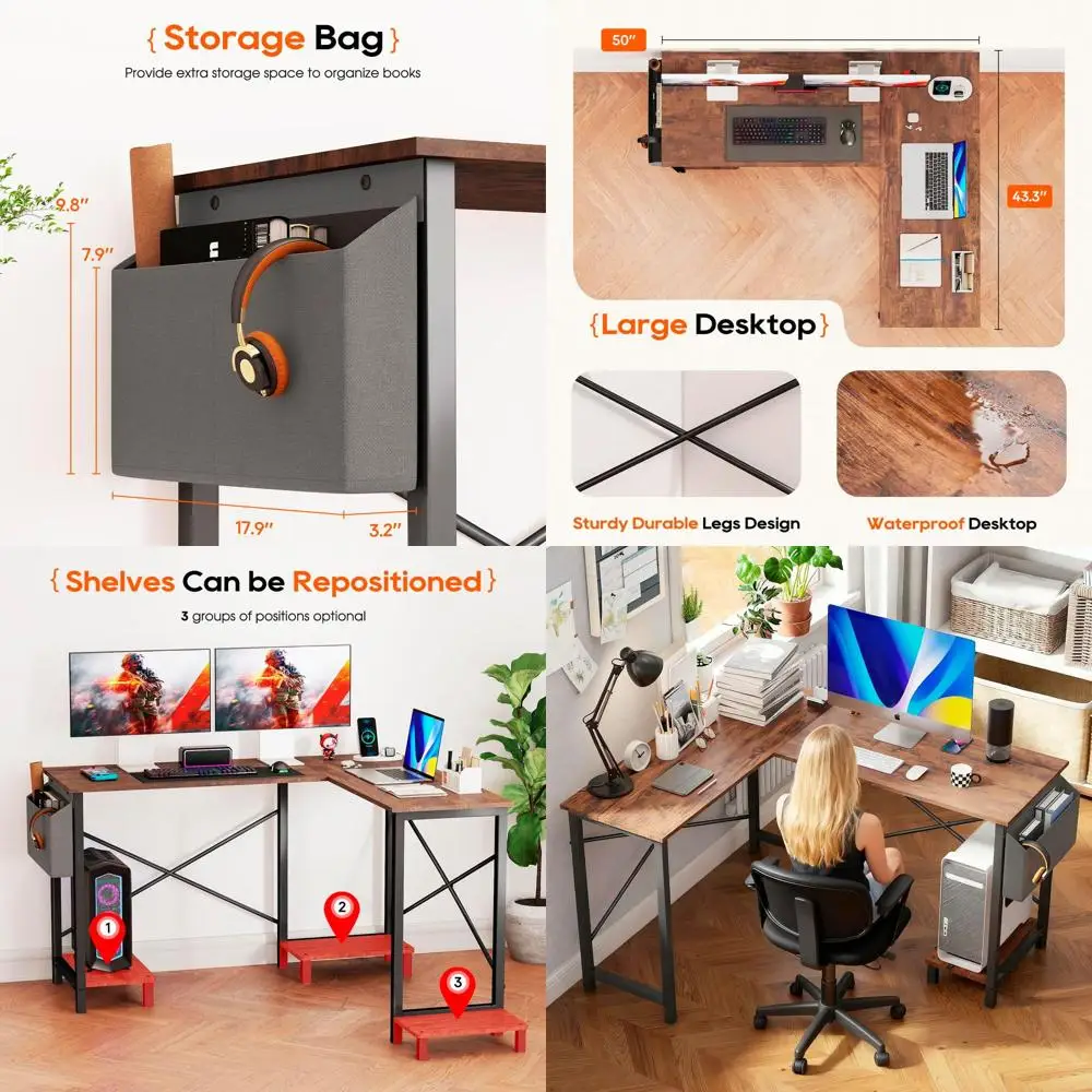 

50-дюймовый L-образный игровой стол с боковым хранилищем для хранения для домашнего офиса, спальни, для письма и игр, коричневый