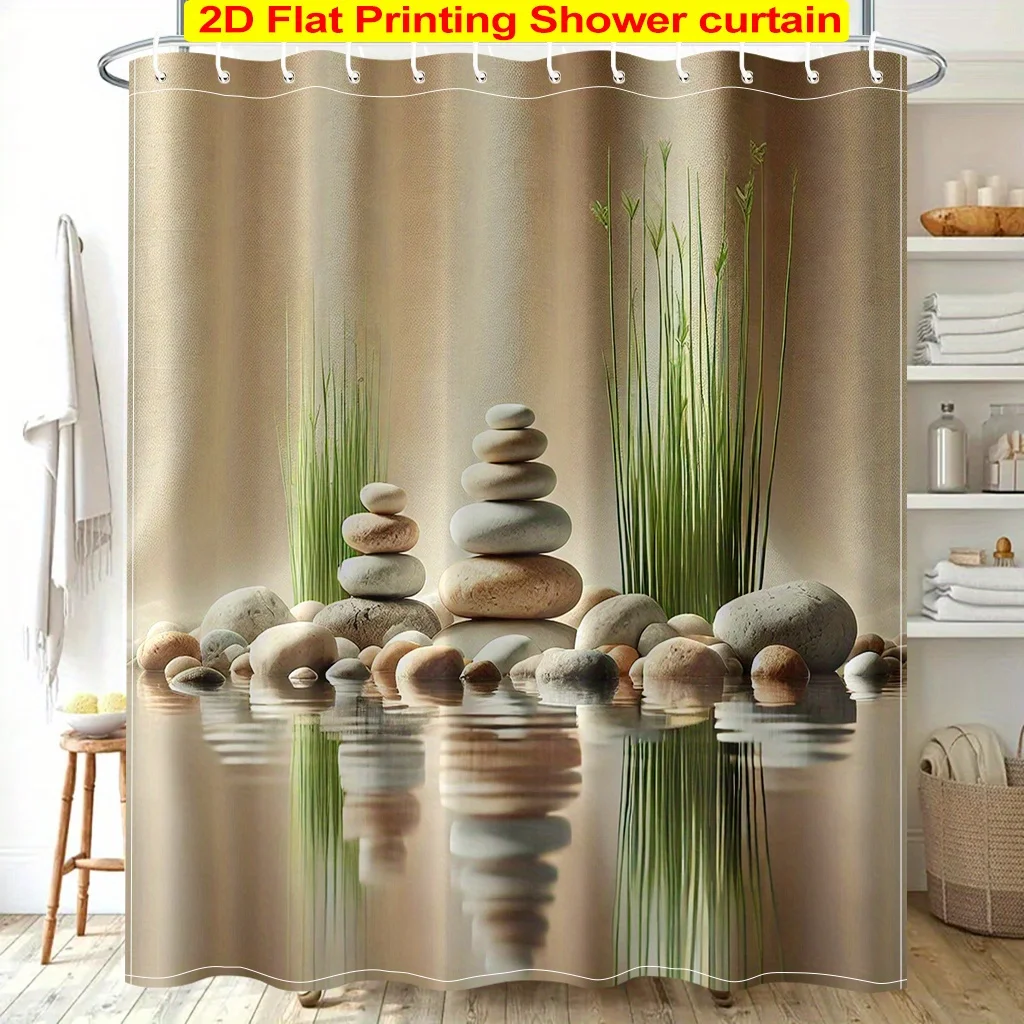 

Zen Stones Shower Curtain, Spa Bathroom Decor with Pebble Stack, Tranquil Water Reflection Bath Curtain, Nature Relaxation