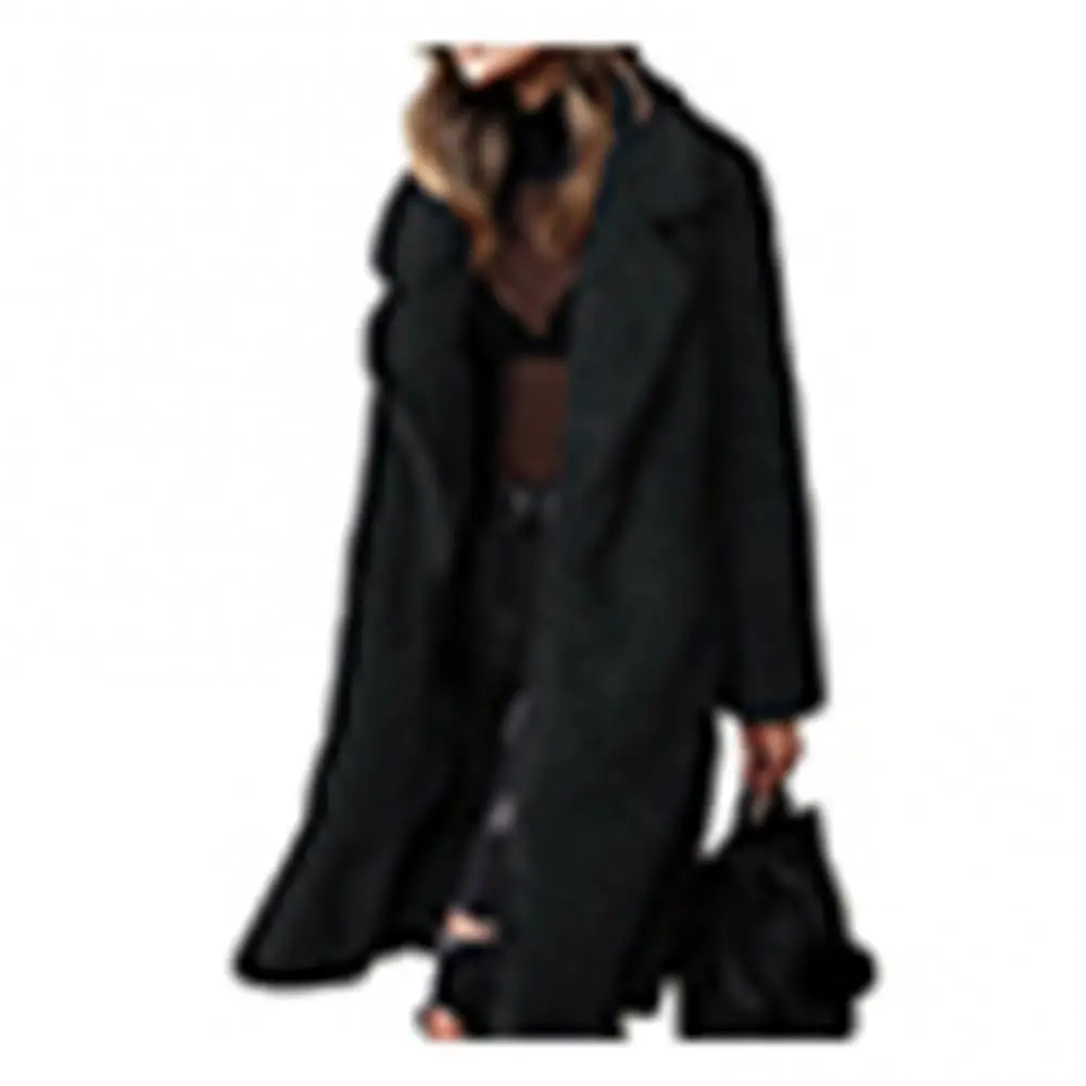 Women Winter Thicken Plush Lapel Solid Color Long Sleeve Warm Cardigan Midi Coat Winter Keeep Warm Overcoat Plush Woolen Jacket