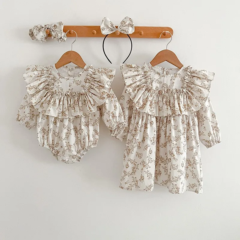 Birthday Princess Clothes Kids Vestido 2025 Baby Girls Beautiful Flower Dress/Romper+bow Headwear Sister Wear Big Ruffles Cotton