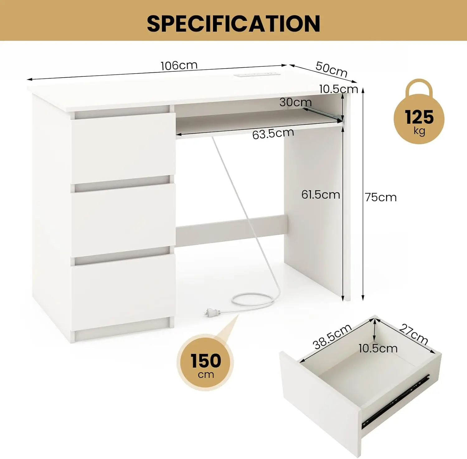 Computer Desk w/Built-in Charging Station, USB & Type-C Ports, Home Office Desk w/Keyboard Tray & 3 Storage Drawers, Modern Stud