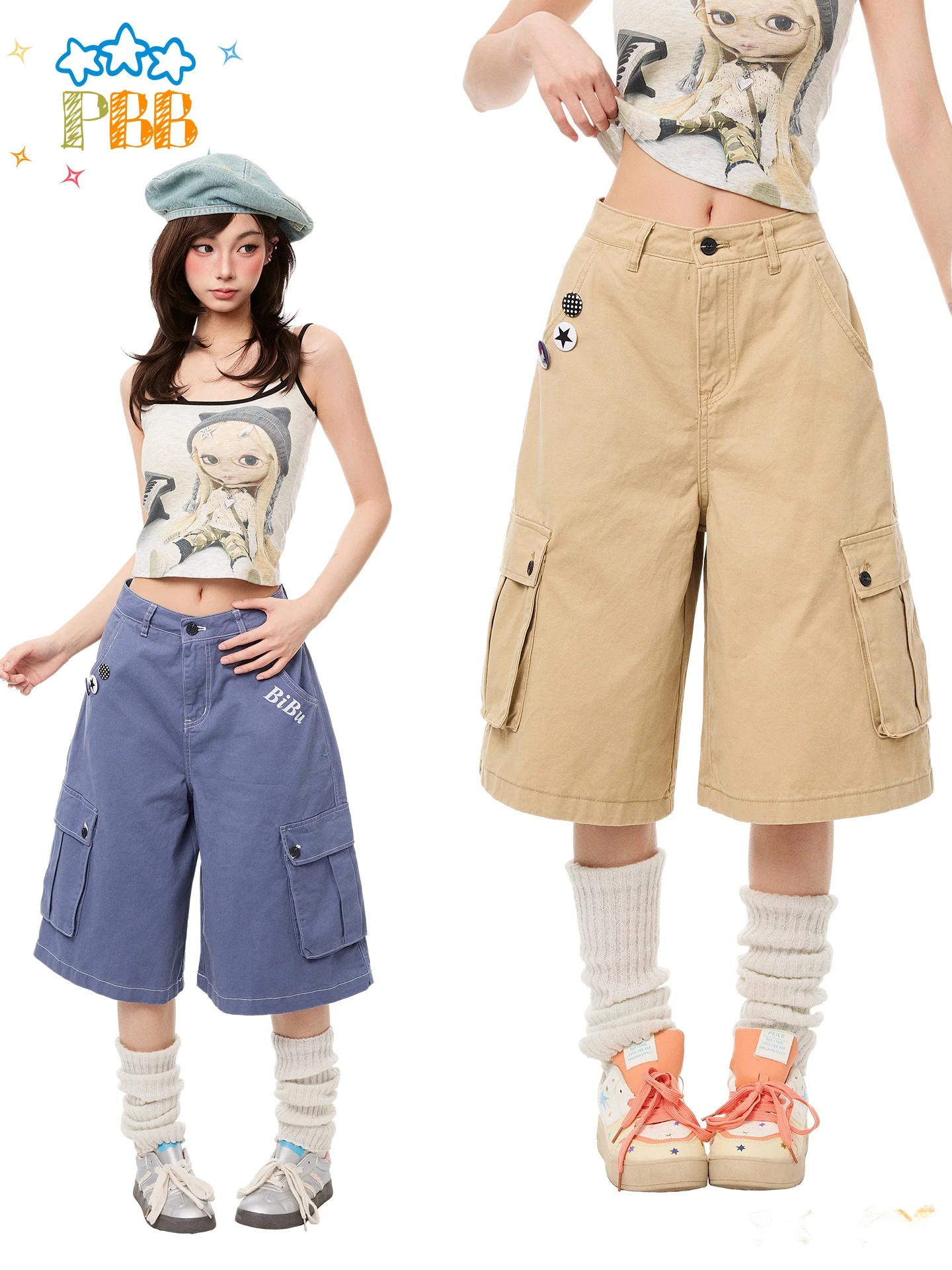 PBB American Retro Washed Multi-Pocket Workwear Casual Mid-Length Pants Women Loose Straight Leg Wide-Footed Seven-Foot Pants