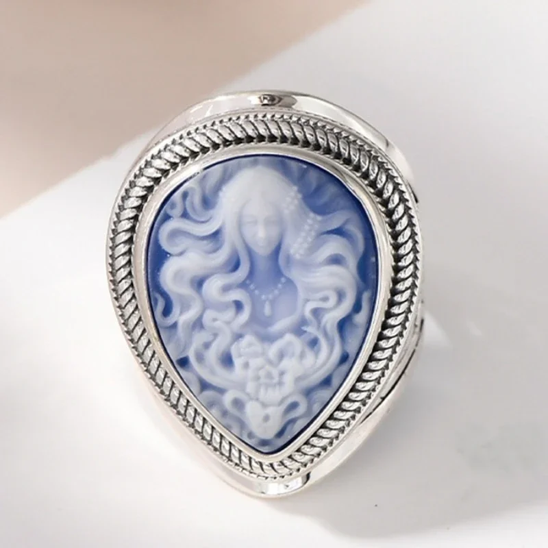 S925 sterling silver rings for Women New Fashion ancient beauty God waterdrop shaped shell agate relief jewelry