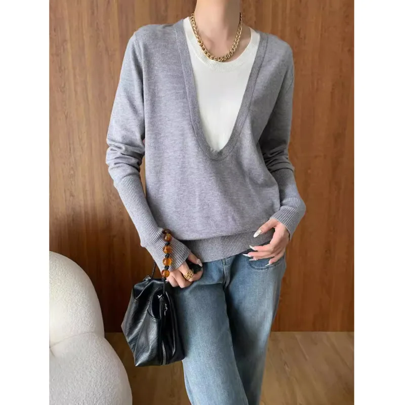 Autumn Fake Two-piece Knitted Sweater V-neck Wool Blend Long Sleeve Loose Knitted Pullovers Tops