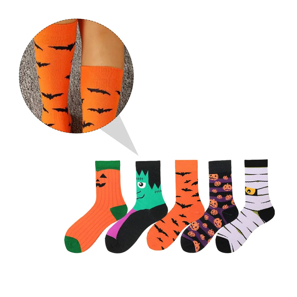 5 Pcs Halloween Series Men's and Women's Mid-calf Socks Anti Friction Printing Cotton Novelty Costume Party Decoration Casual