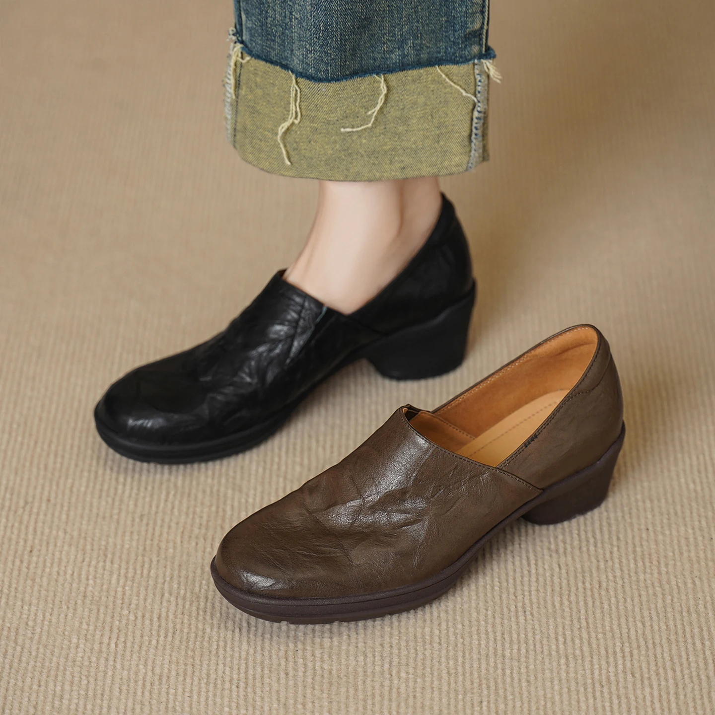 2026 new spring autumn women pumps natural leather 22-25cm washed cowhide+pigskin round toe round heel loafers women shoes