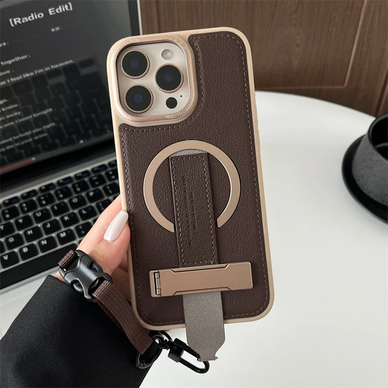 

Leather Diagonal Cross Wristband Bracelet Rope Bracket Phone Case for iPhone 16 14 15 13 Pro Max Magnetic Wireless Charging Case