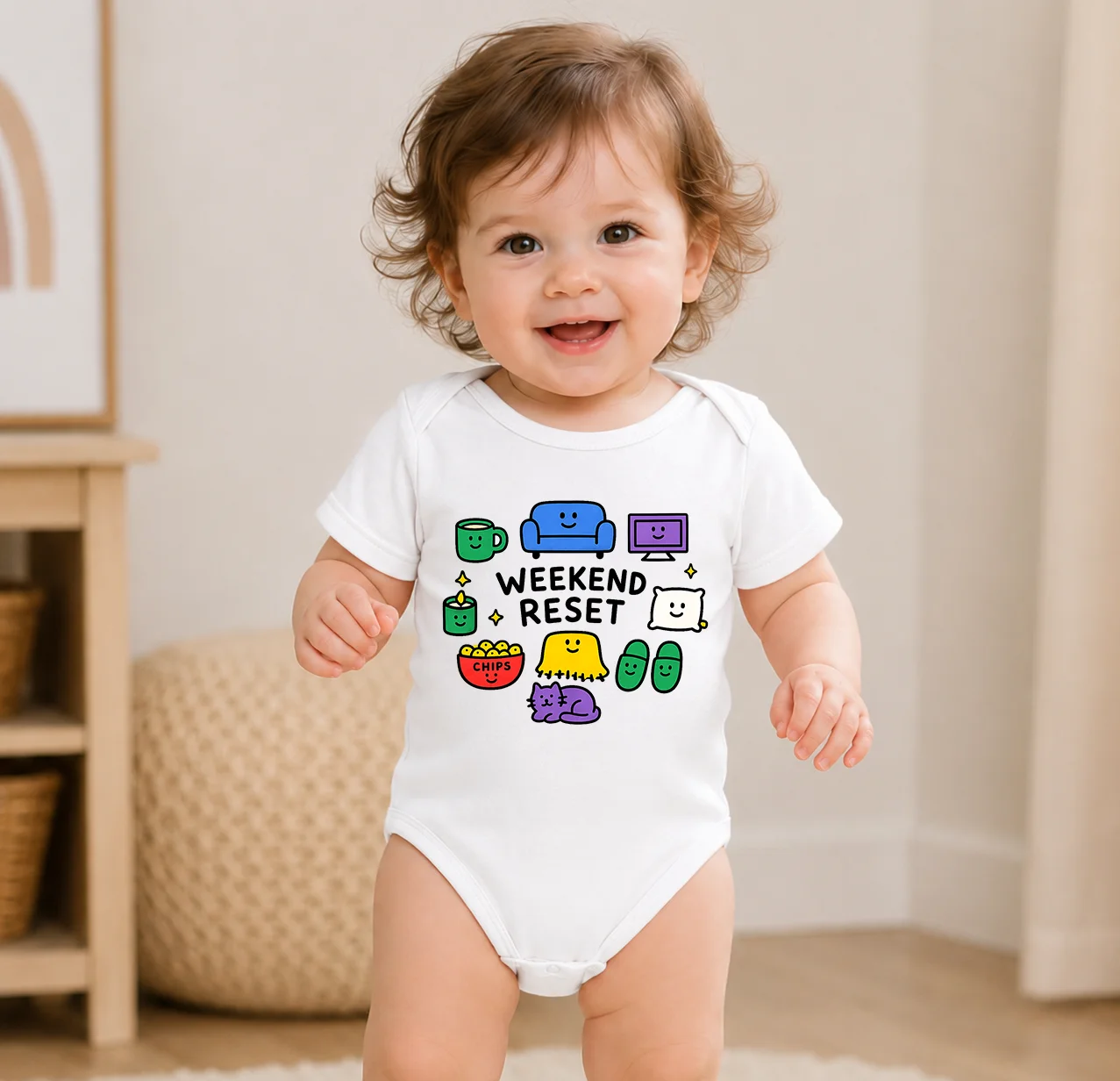 Weekend Reset Cartoon Print Baby Cotton Onesie Neutral Short Sleeve Infant Bodysuit Newborn Romper