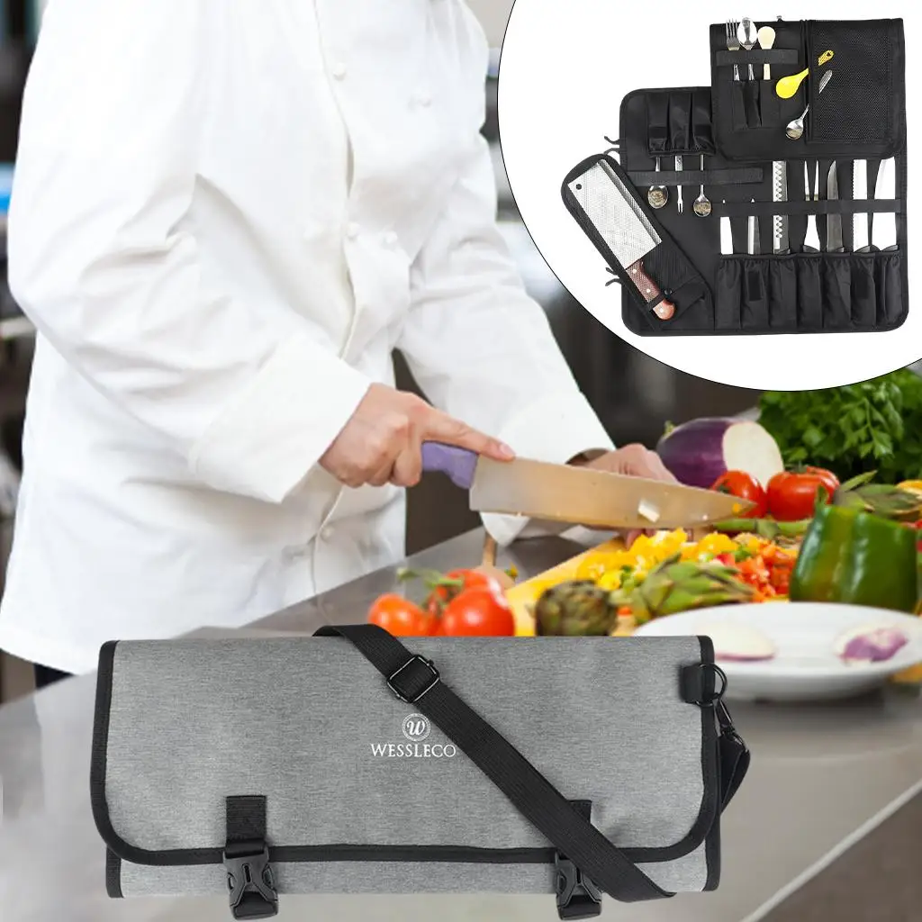 Chef Knife Roll Bag Multi-Purpose 16 Pockets Portable Case for Kitchen Tools Knives