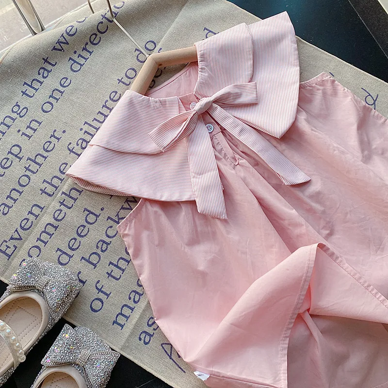 Gaun Anak Perempuan Pakaian Musim Panas Gaun Rompi Ruffle Kerah Ganda Merah Muda Gaun Putri Tanpa Lengan Anak