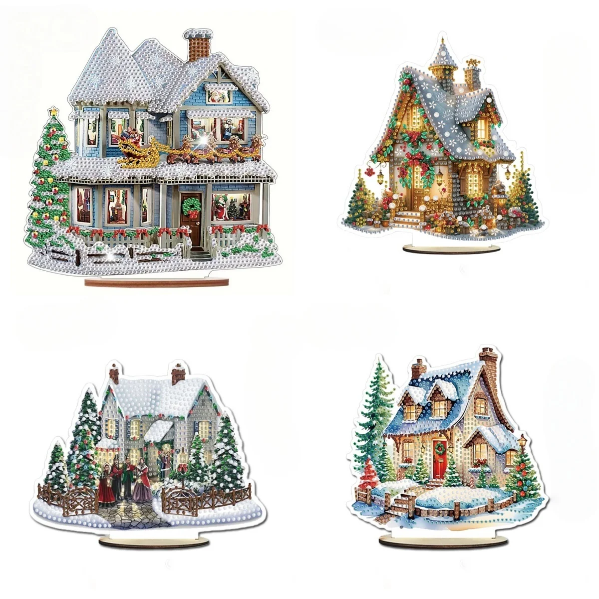1 Diamant-Malerei-Set mit Weihnachtsornamenten aus Holz, DIY-Kristallverzierung und diamantbesetztem Weihnachtsschneehaus
