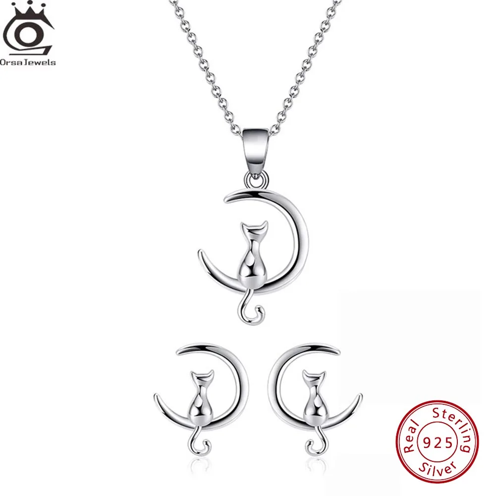 ORSA JEWELS Soild 925 Sterling Silver Cute Cat Pendant Chain Necklace Stud Earrings Fashion Wedding Necklace Cat for Women SN271