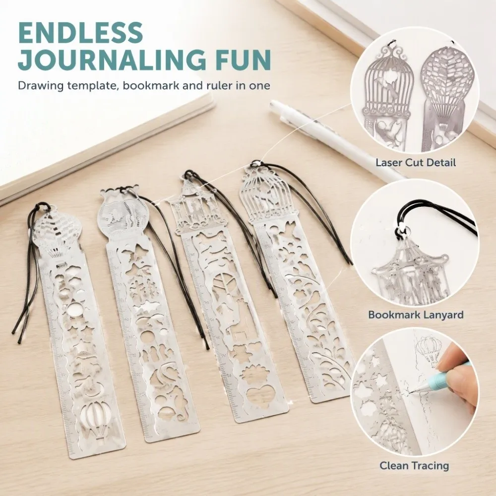 4PCS Small Mini Stainless Steel Stencil Ruler Silver Multifunctional Drawing Template Metal Ruler Art Creation