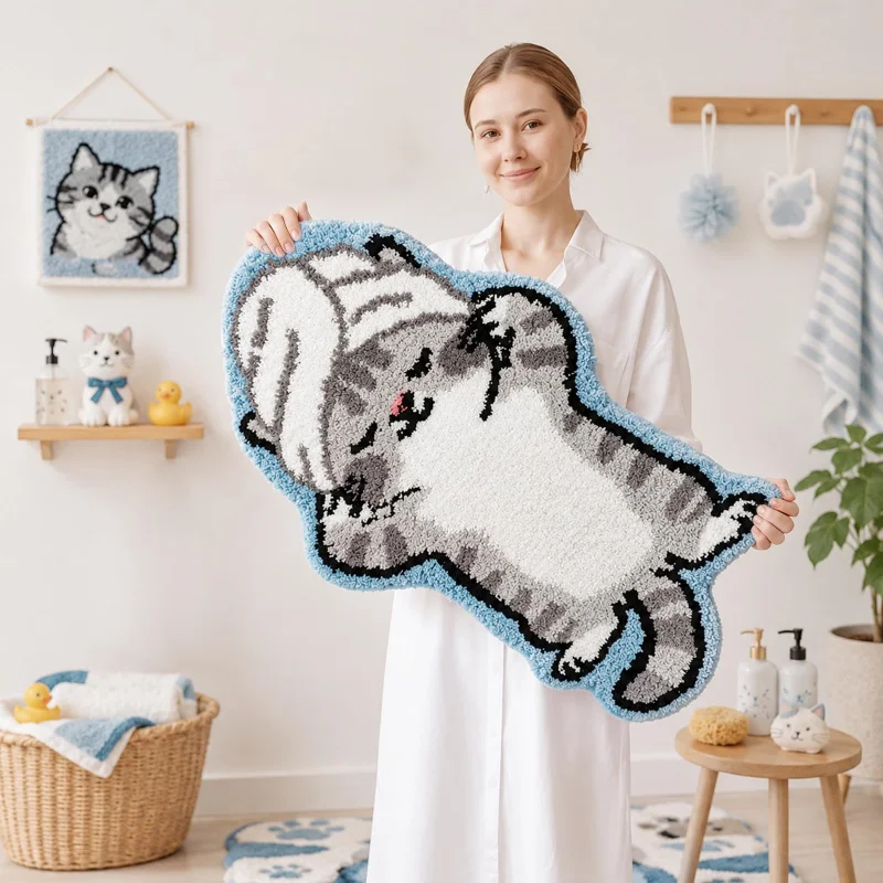 VIKAMA Cute Tabby Cat Bath Mat Irregular Shape Towel Head Non Slip Soft Plush Bathroom Rug Absorbent Floor Mat for Shower Kids