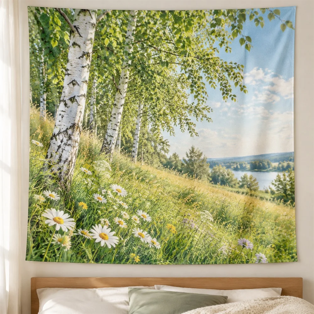 VIKAMA Birch Meadow Tapestry Wall Hanging, Aesthetic Country Room Decor Tapestries for Bathroom Bedroom Living Room Entryway